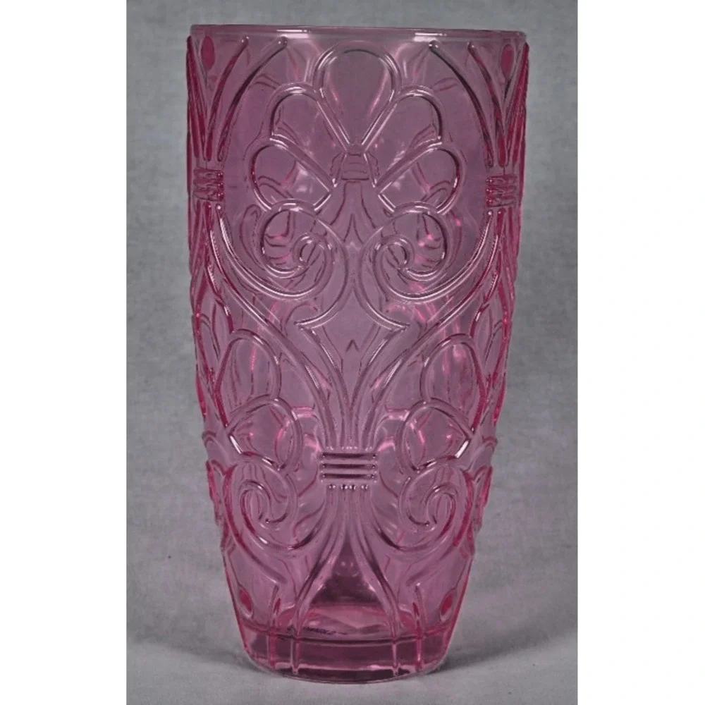 Sweet Heart Medley Pink Pressed Glass Vase Heavy Embossed Flowers 8.5